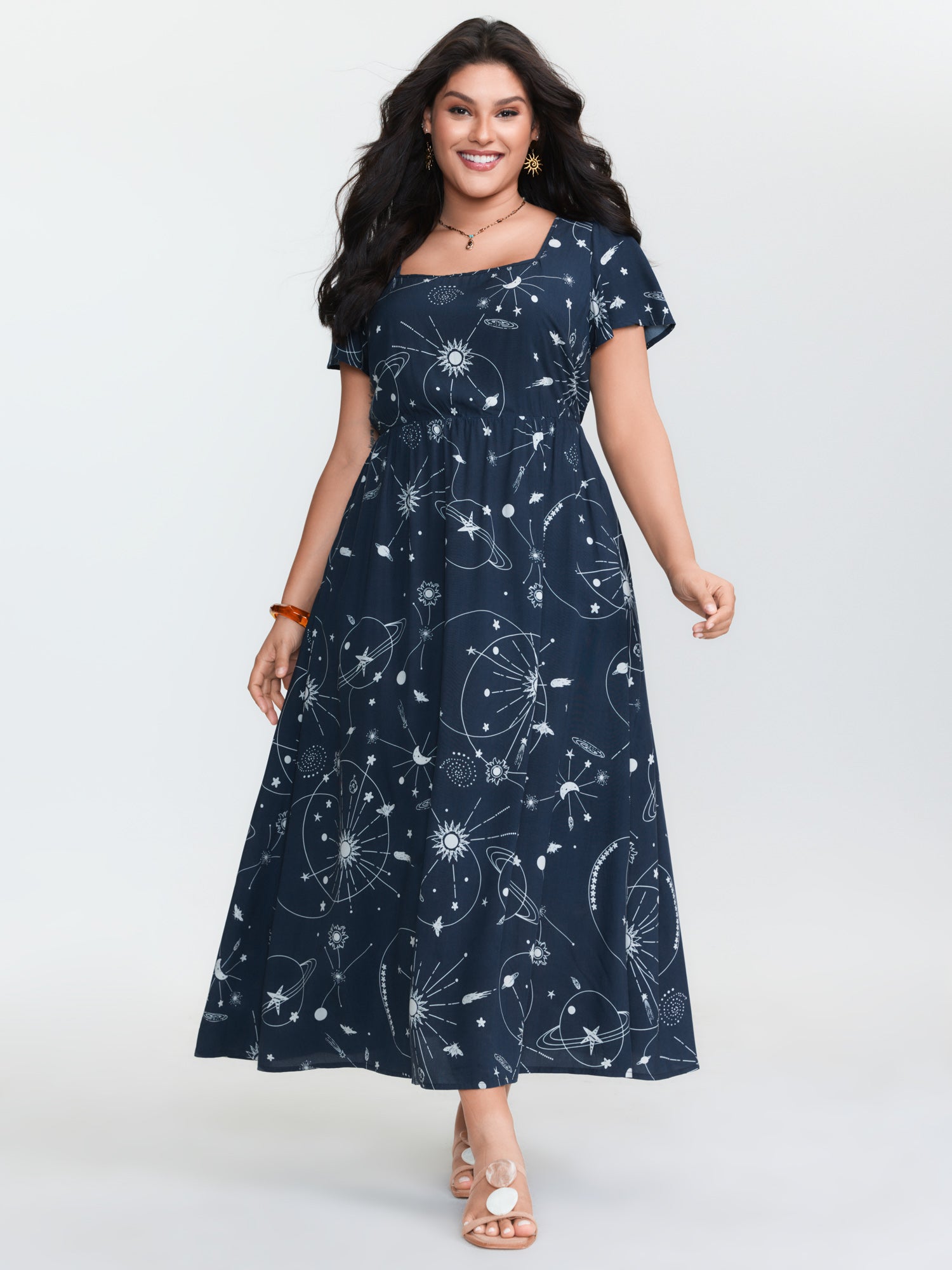 Galaxy Print Lotus Leaf Sleeve Maxi Dress
