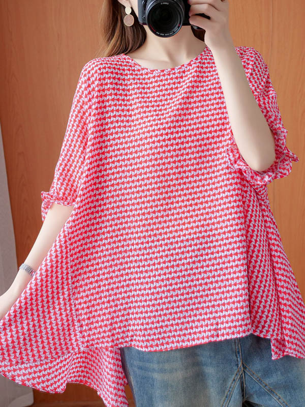 Casual Split-Joint Plaid Round-Neck Batwing Sleeves T-Shirts