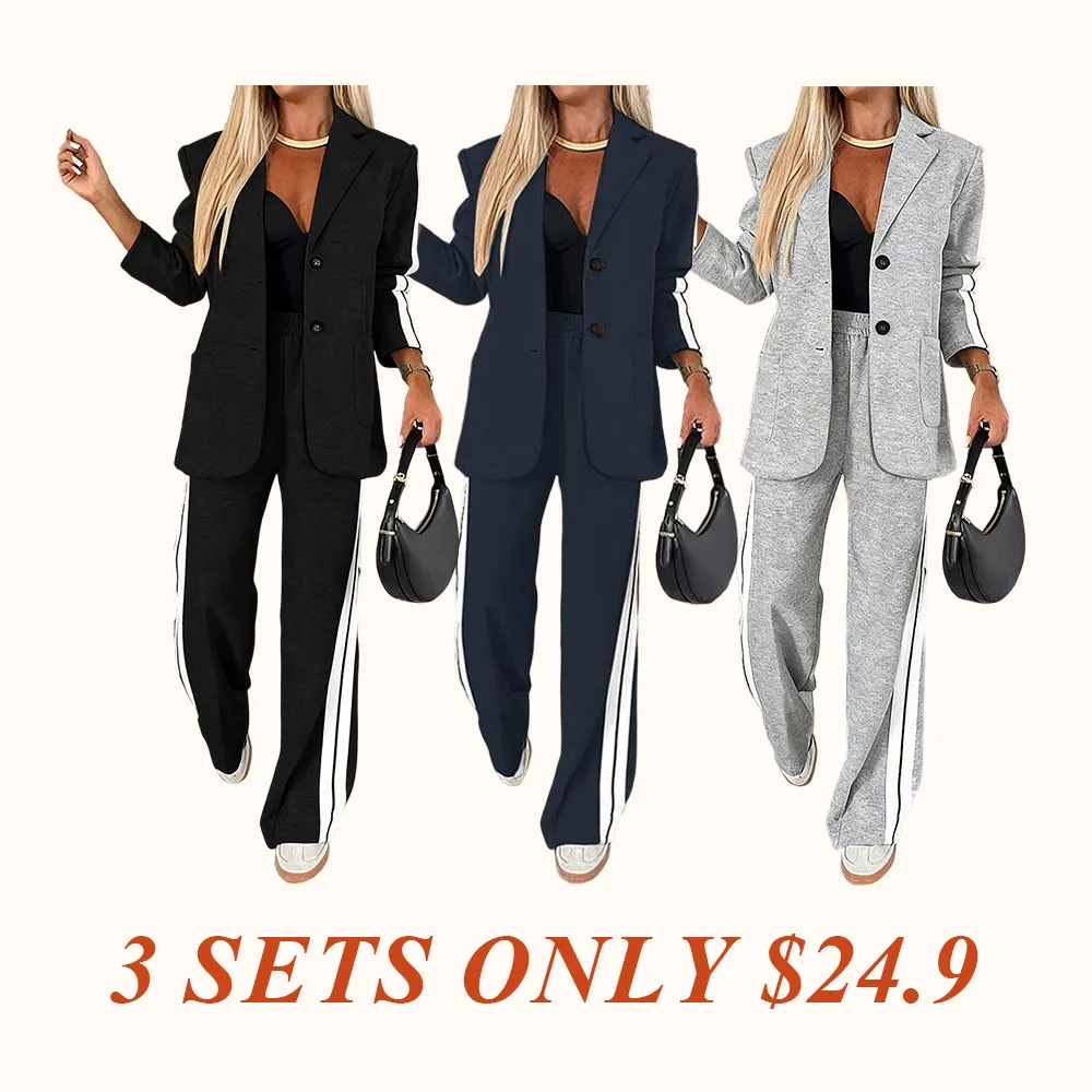 Women's Striped Print Blazer Jacket & Wide Leg Pants Set