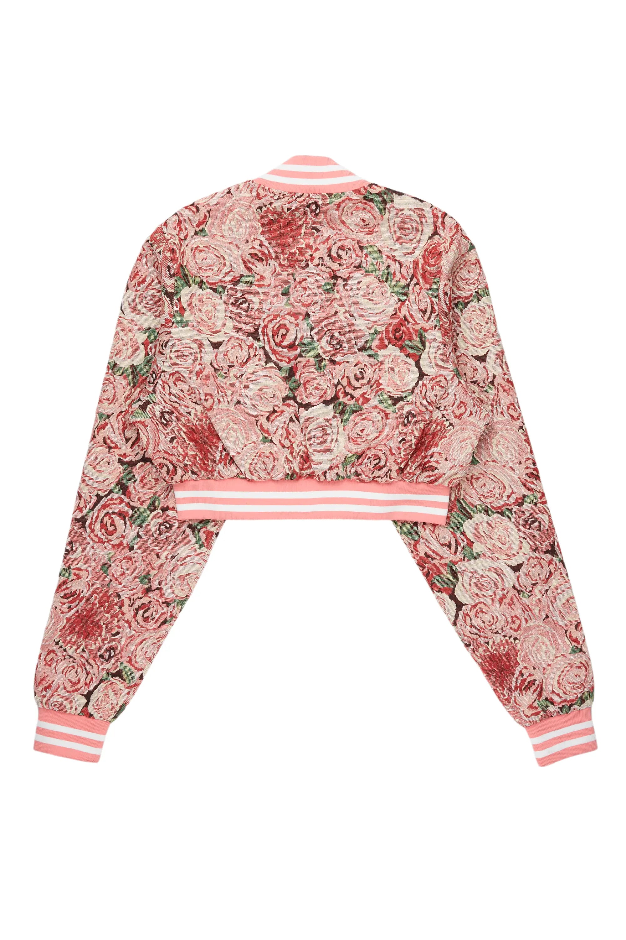 Darresha Pink Crop Tapestry Varsity Jacket