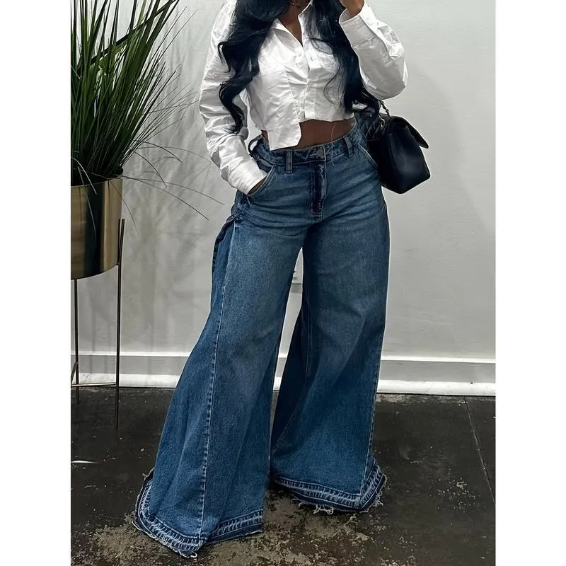 Women Flared Wide Side Loose Jeans High Waist