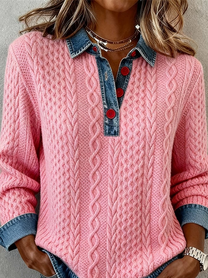 Women's Casual Collared Color Block Sweatshirt