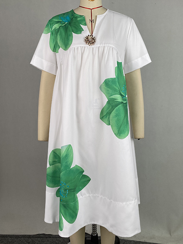 Flower Print Pleated A-Line Loose V-Neck Midi Dresses