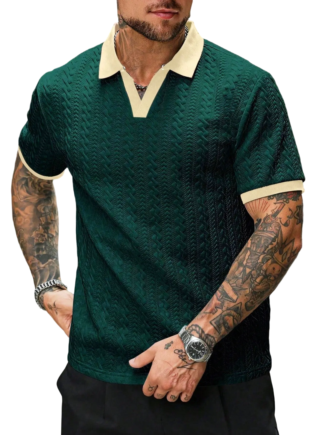 Men's Retro Colorblock Polo Shirt, Textured V Neck Short Sleeve Top, Casual Street Style, Summer Fashion, Fitted Leisurewear