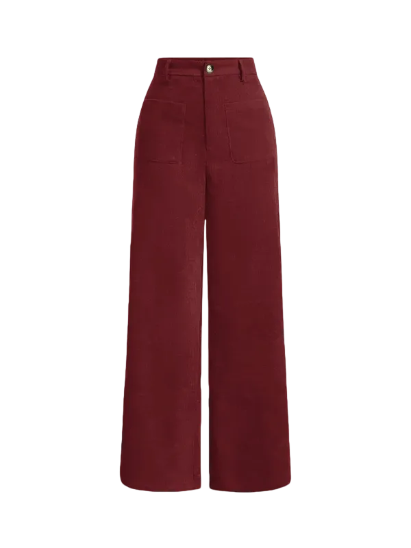 Women's solid color wide-leg pants with pockets and buttons