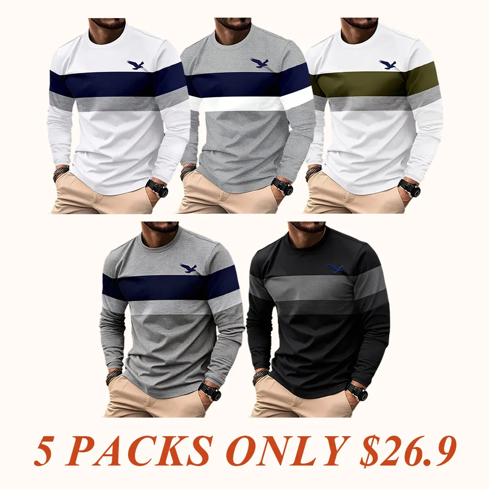 A new autumn and spring color-blocked business style men's casual printed long-sleeved T-shirt top