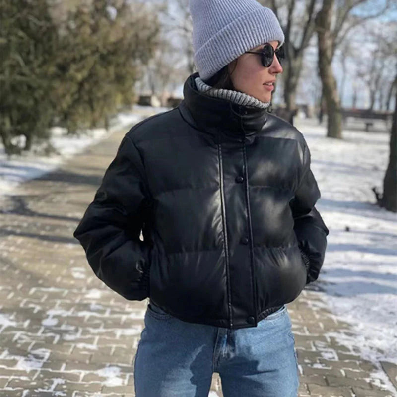 PU leather quilted jacket for women