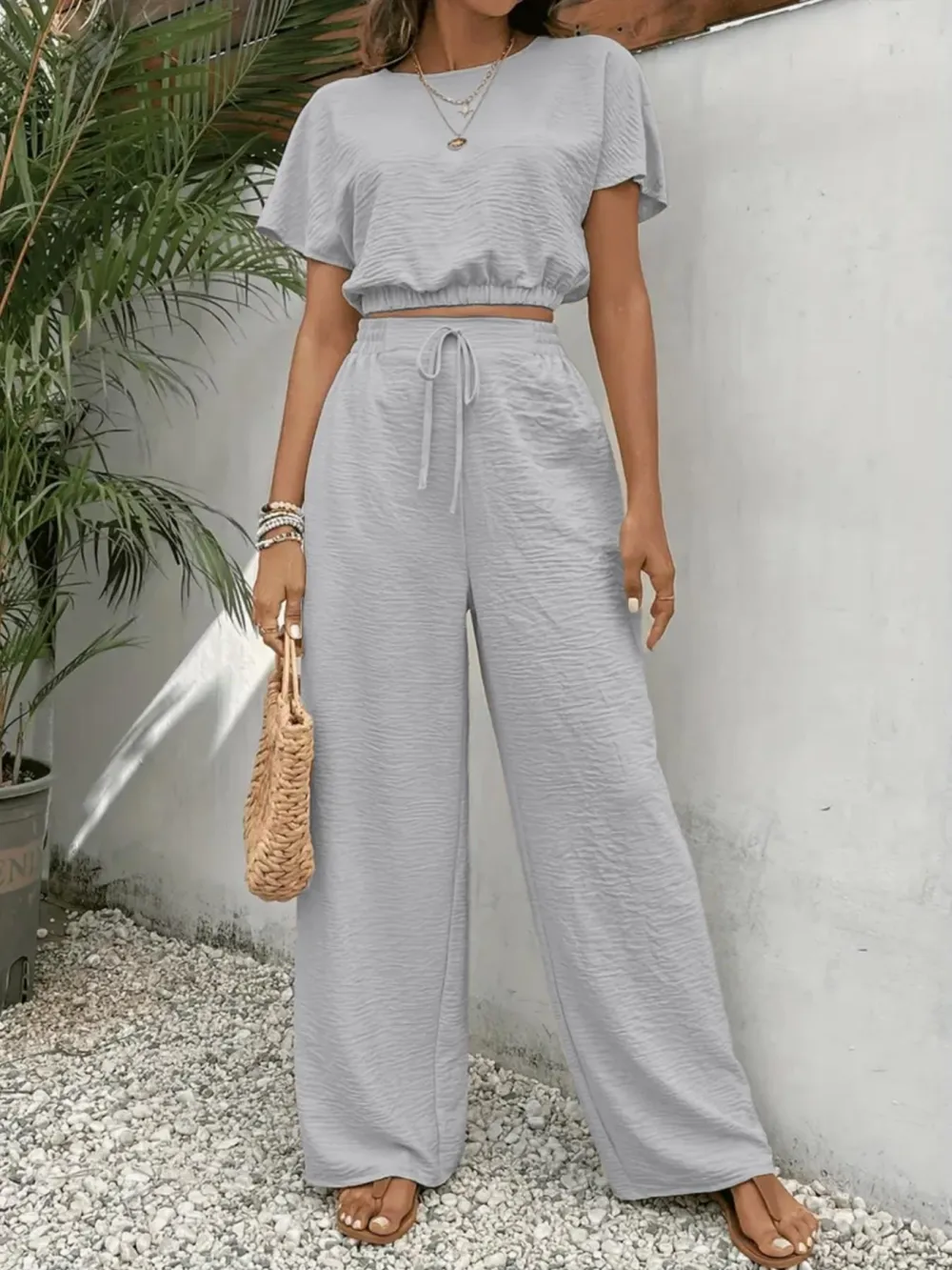 Women's Solid Color Fitted Top & Wide Leg Pants Two-piece Set, Casual Round Neck Top & Drawstring Waist Trousers for Summer