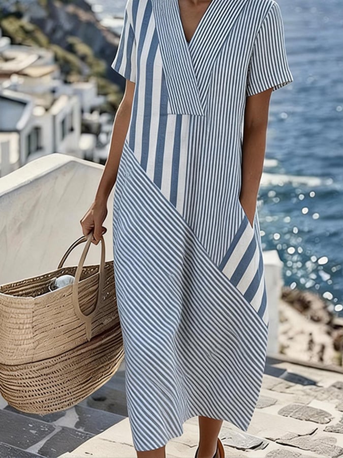 Women's Casual V-Neck Striped Loose Dress- Fast Shipping
