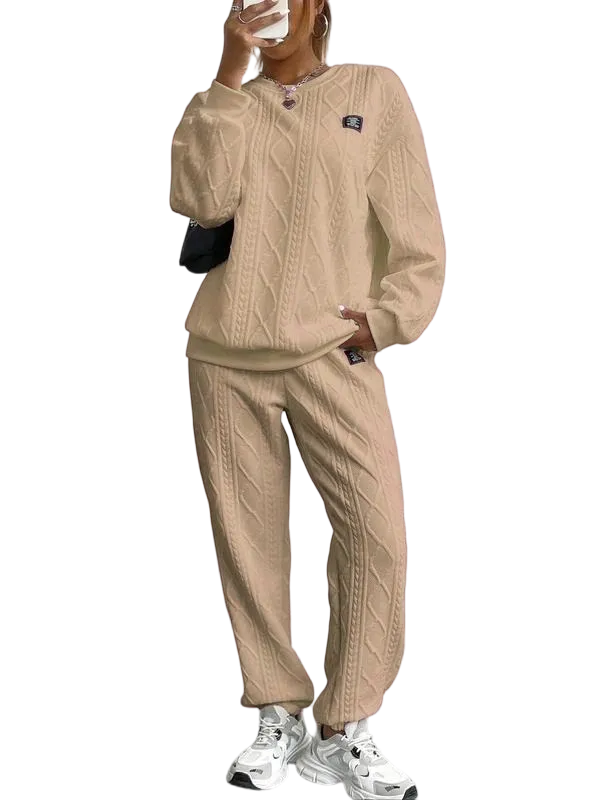 Women's Solid Patched Drop Shoulder Sweatshirt & Elastic Waist Pants Two-piece Set