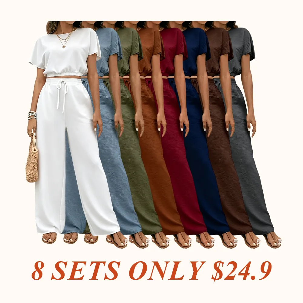 Women's Solid Color Fitted Top & Wide Leg Pants Two-piece Set, Casual Round Neck Top & Drawstring Waist Trousers for Summer