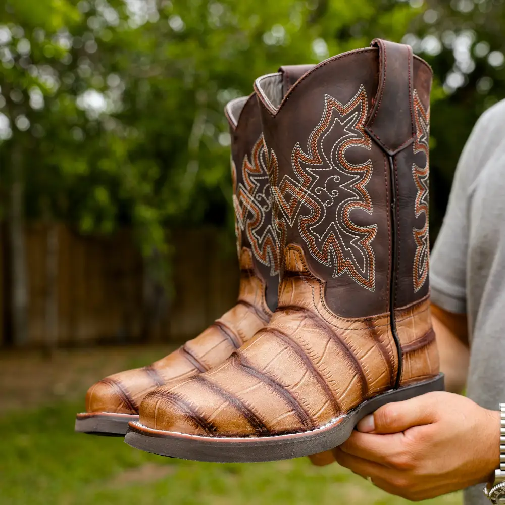 Moka American Gator Belly Leather Boots With Lightweight Soles - Square Toe