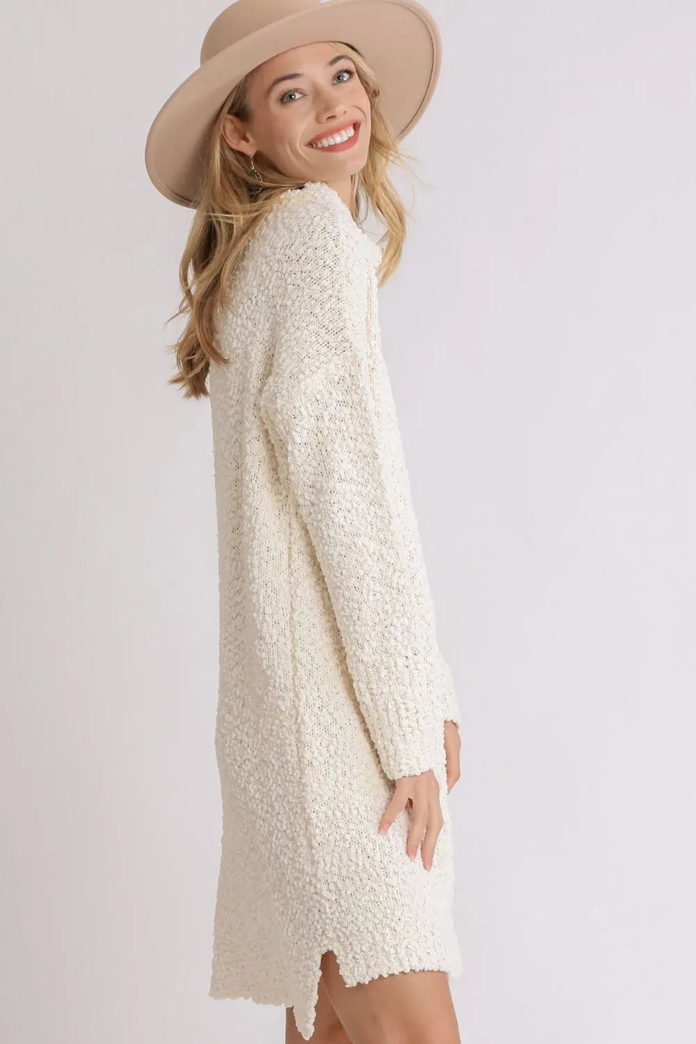 Full Size High Low Long Sleeve Boucle Sweater Dress Plus Size