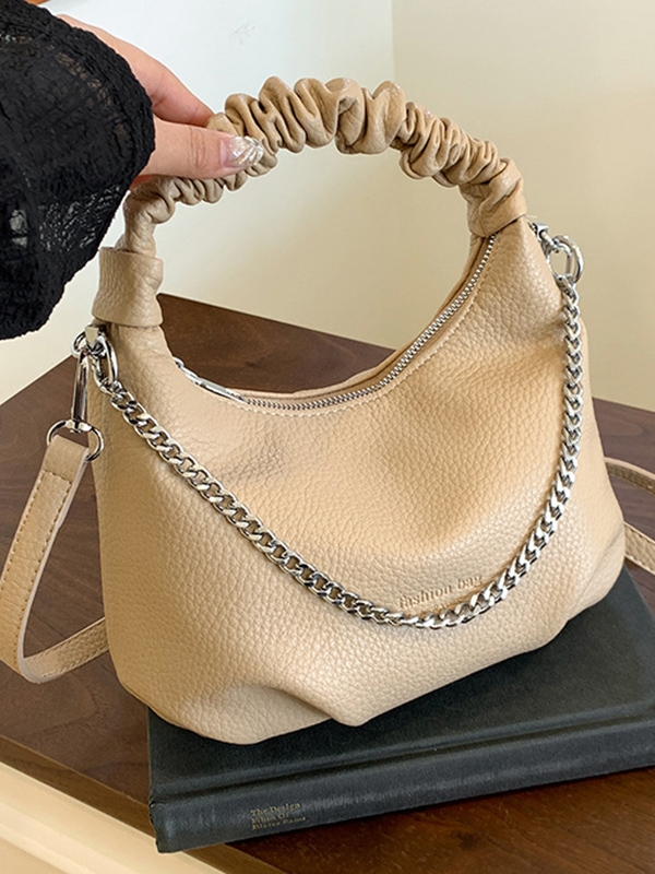 Chains Pleated Solid Color Zipper Handbags Crossbody Bags