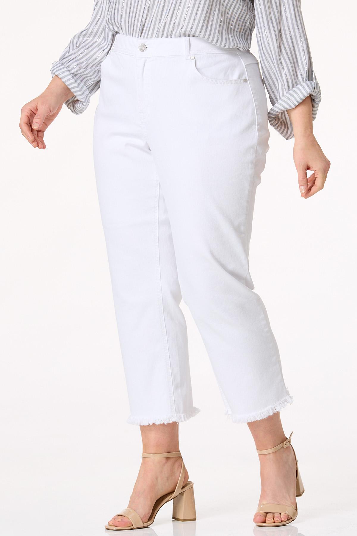 Plus Size Cropped Frayed White Jeans