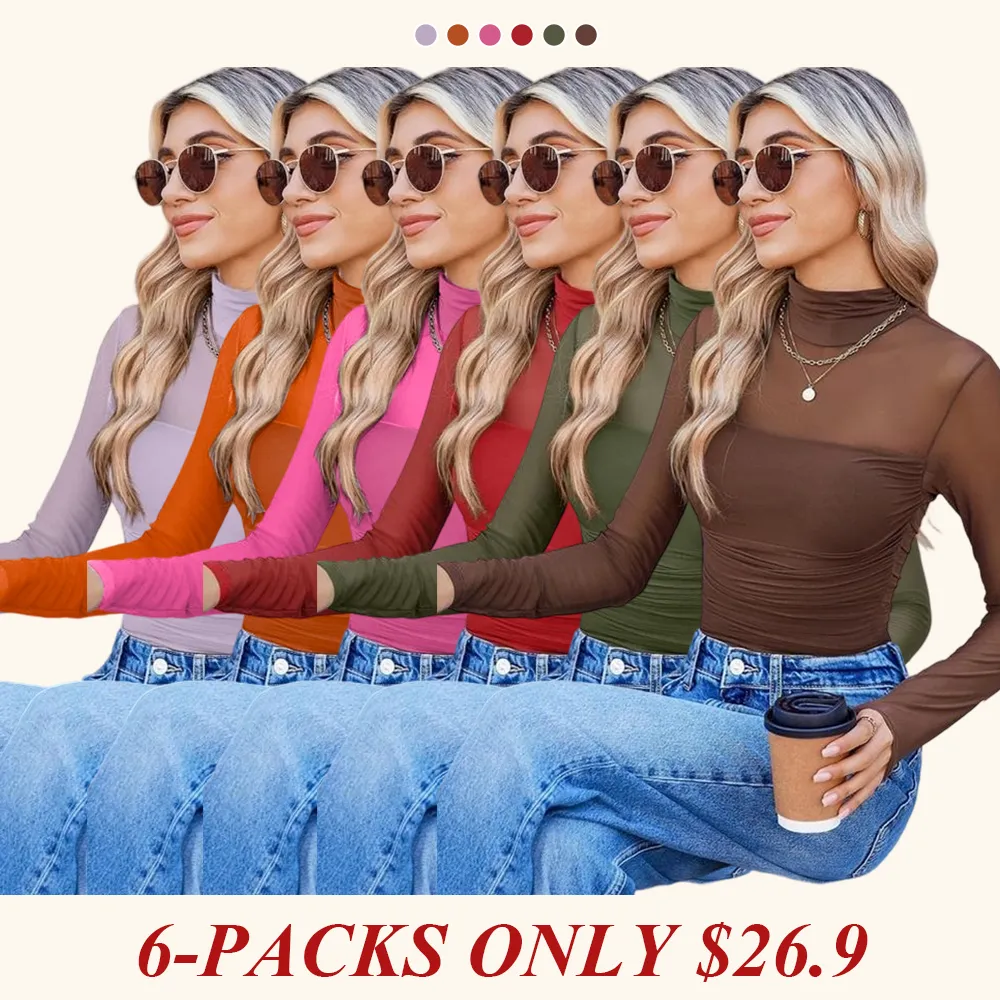 Women's Plain Round Neck Sheer Mesh Patchwork Long Sleeve Sexy Top