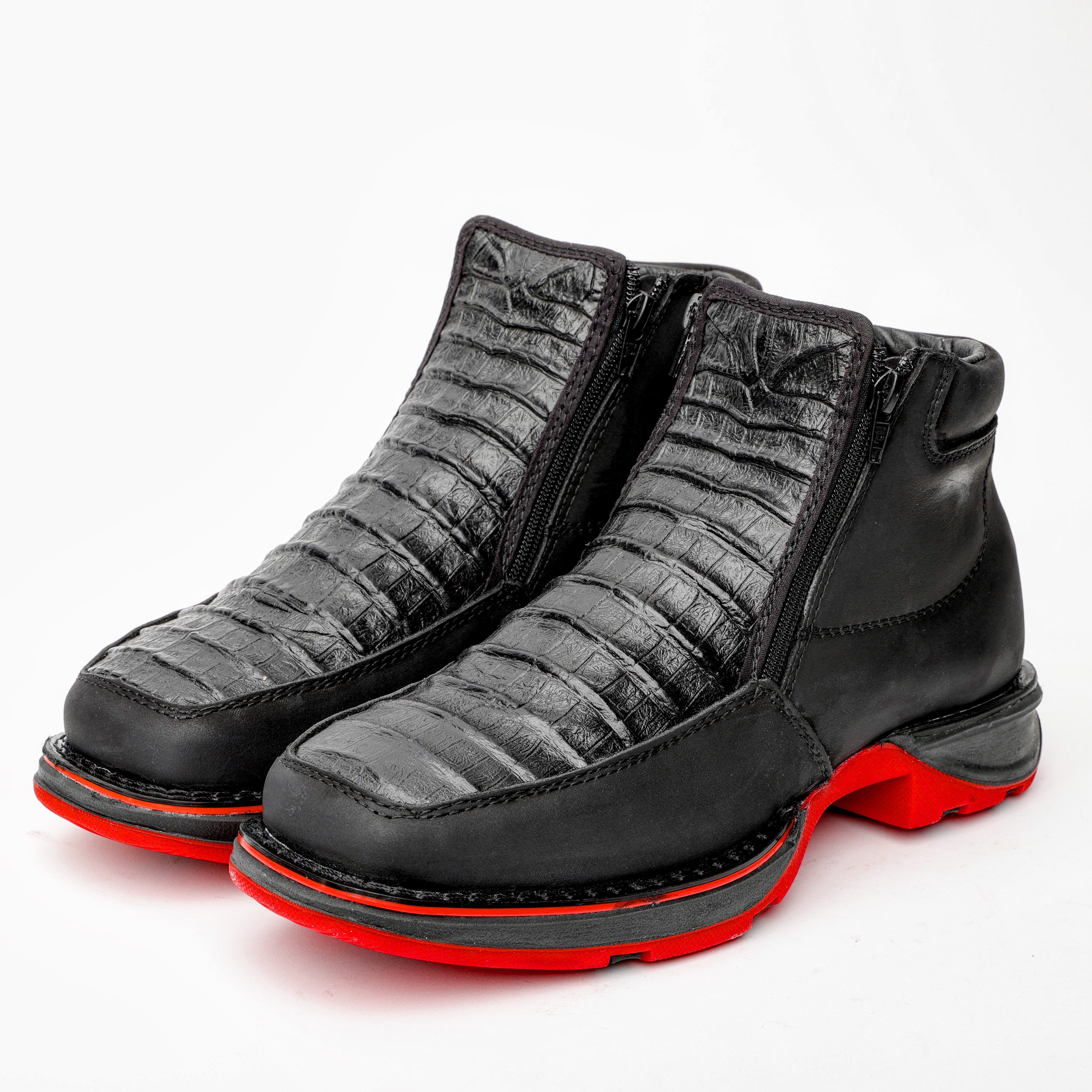 Black Caiman Belly Leather Botin With 3D Lightweight Soles - Square Toe