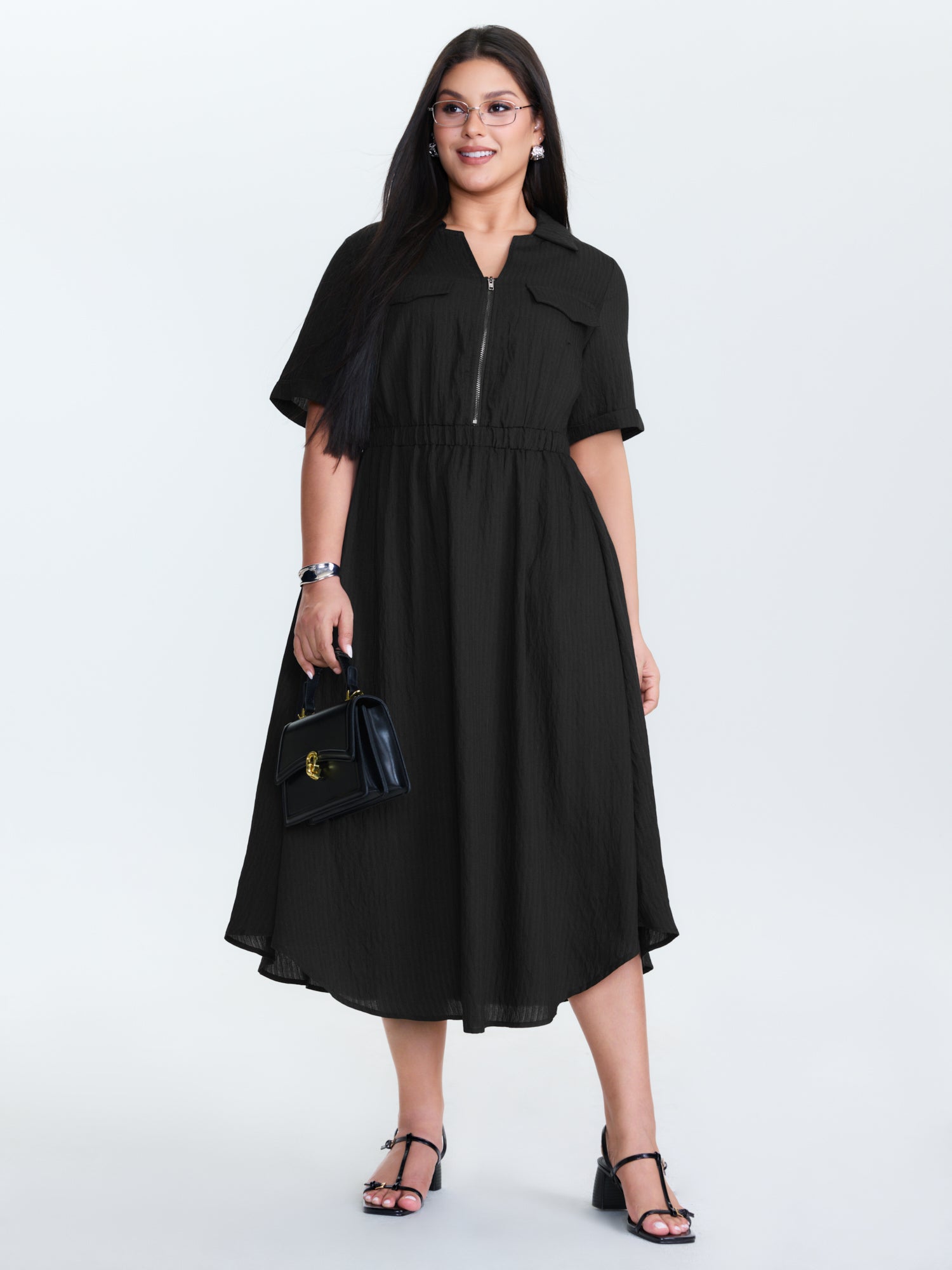 Zipper Front Collar Plain Midi Dress