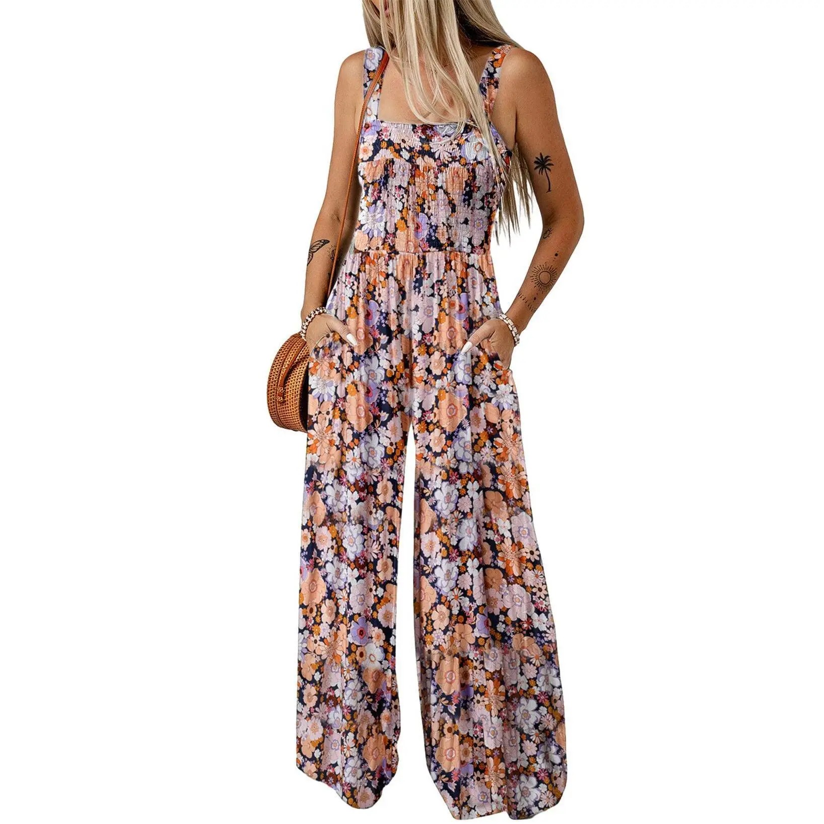 Women's Casual Loose Overalls Jumpsuits One Piece Sleeveless Printed Wide Leg Long Pant Rompers With Pockets