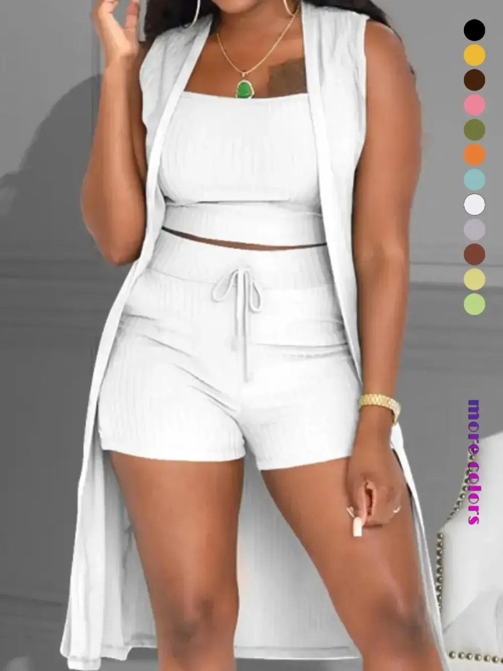 Three-Piece Set Women's Solid Ribbed Co-ord Set, Casual Crop Tank Top & Drawstring Waist Shorts & Vest Coat Set for Daily Wear