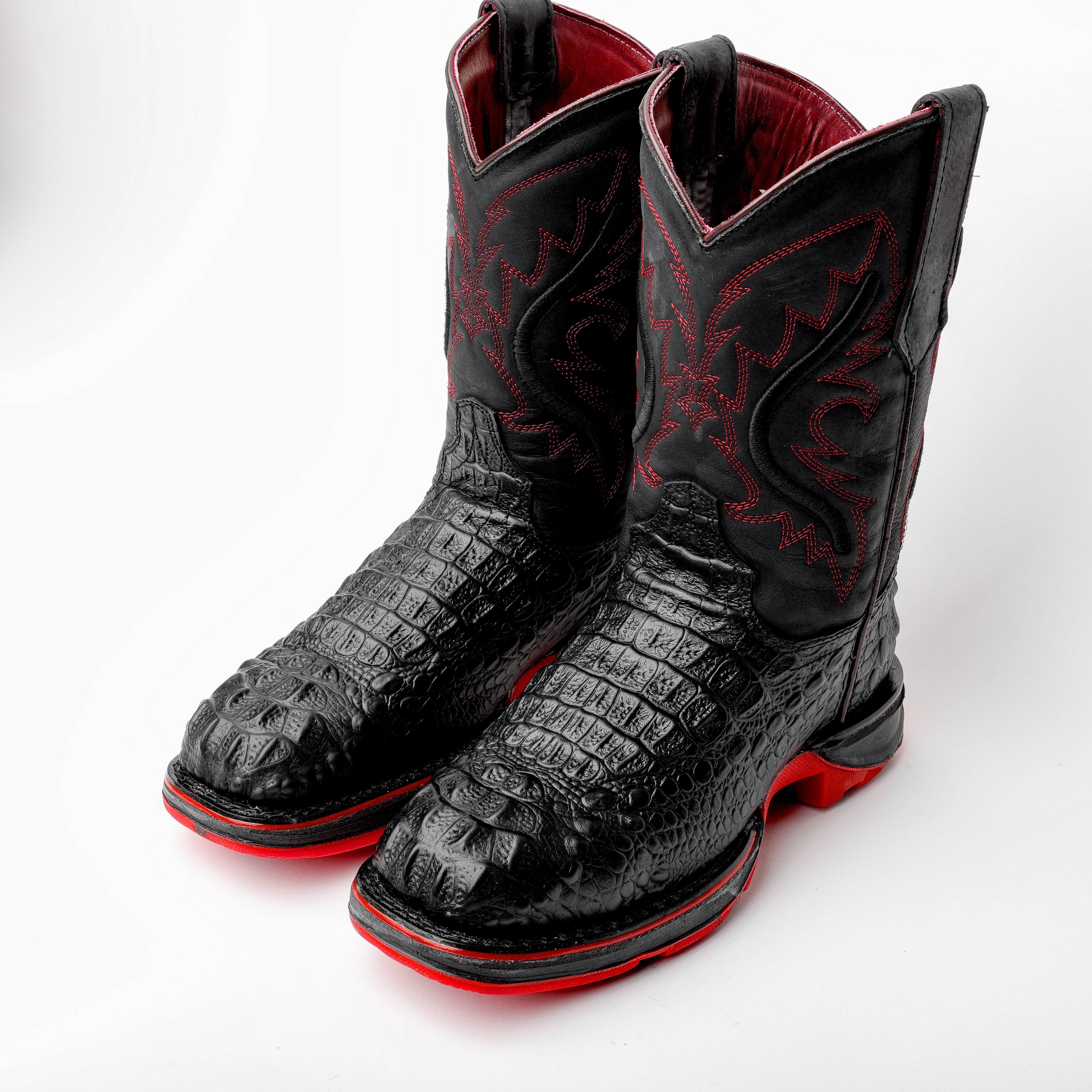 Black Caiman Neck Leather Boots With 3D Lightweight Sole - Composite Toe