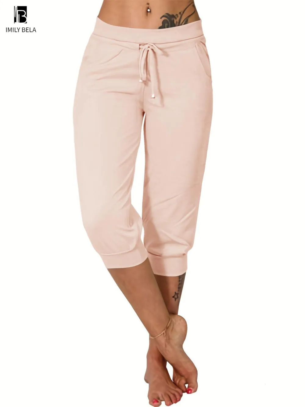 Women's Plain Drawstring Waist Capris Pants, Casual Pocket Trousers for Daily Wear