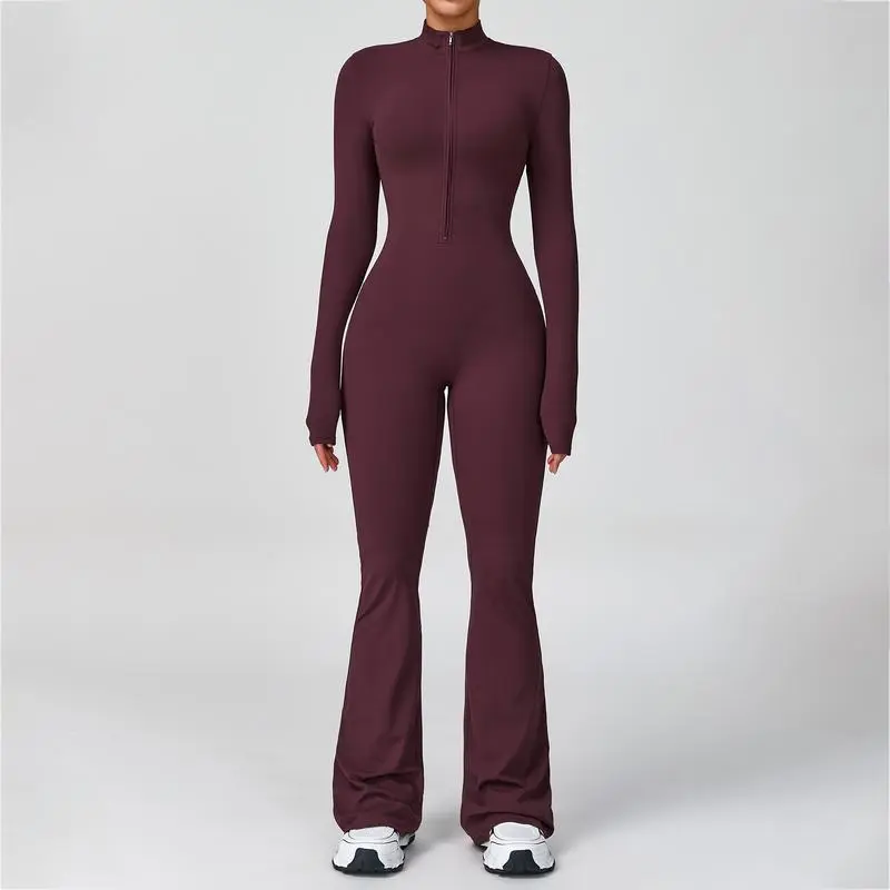 Women's Long Sleeve Flared Sports Jumpsuit - Zipper Jumpsuit