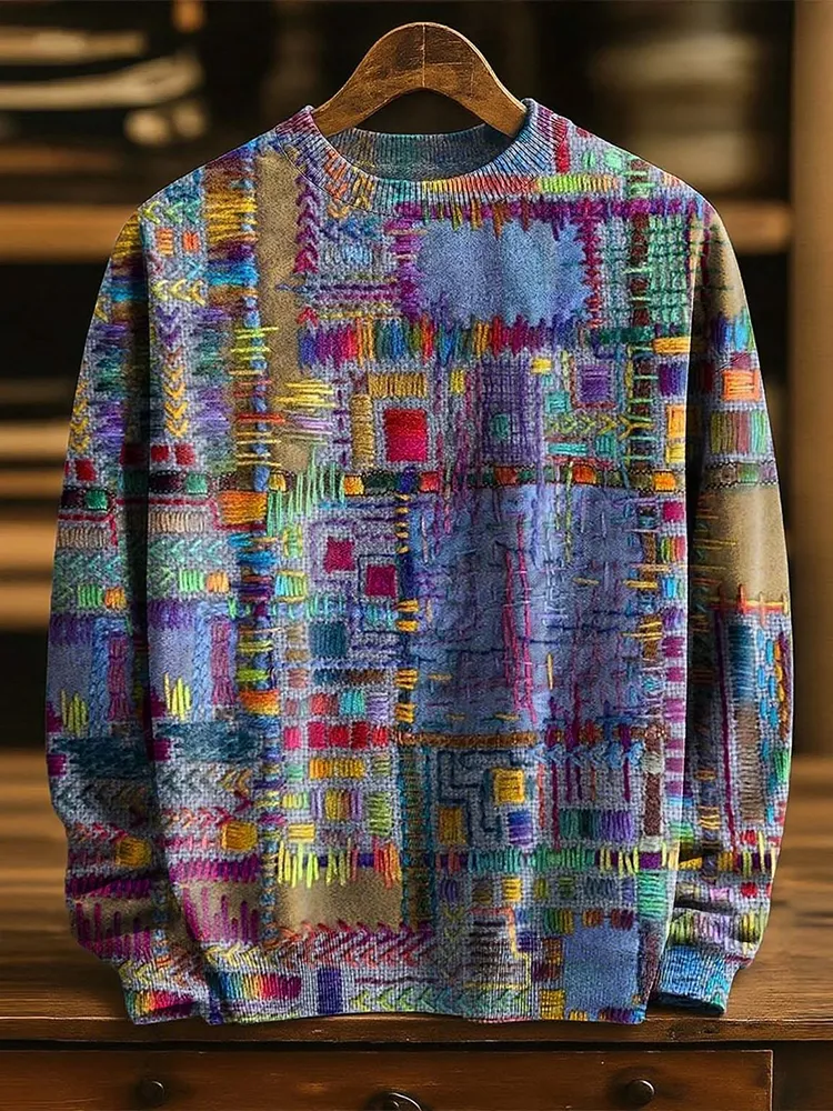 Men's Vintage Purple Patchwork Ethnic Art Print Knit Pullover Sweater