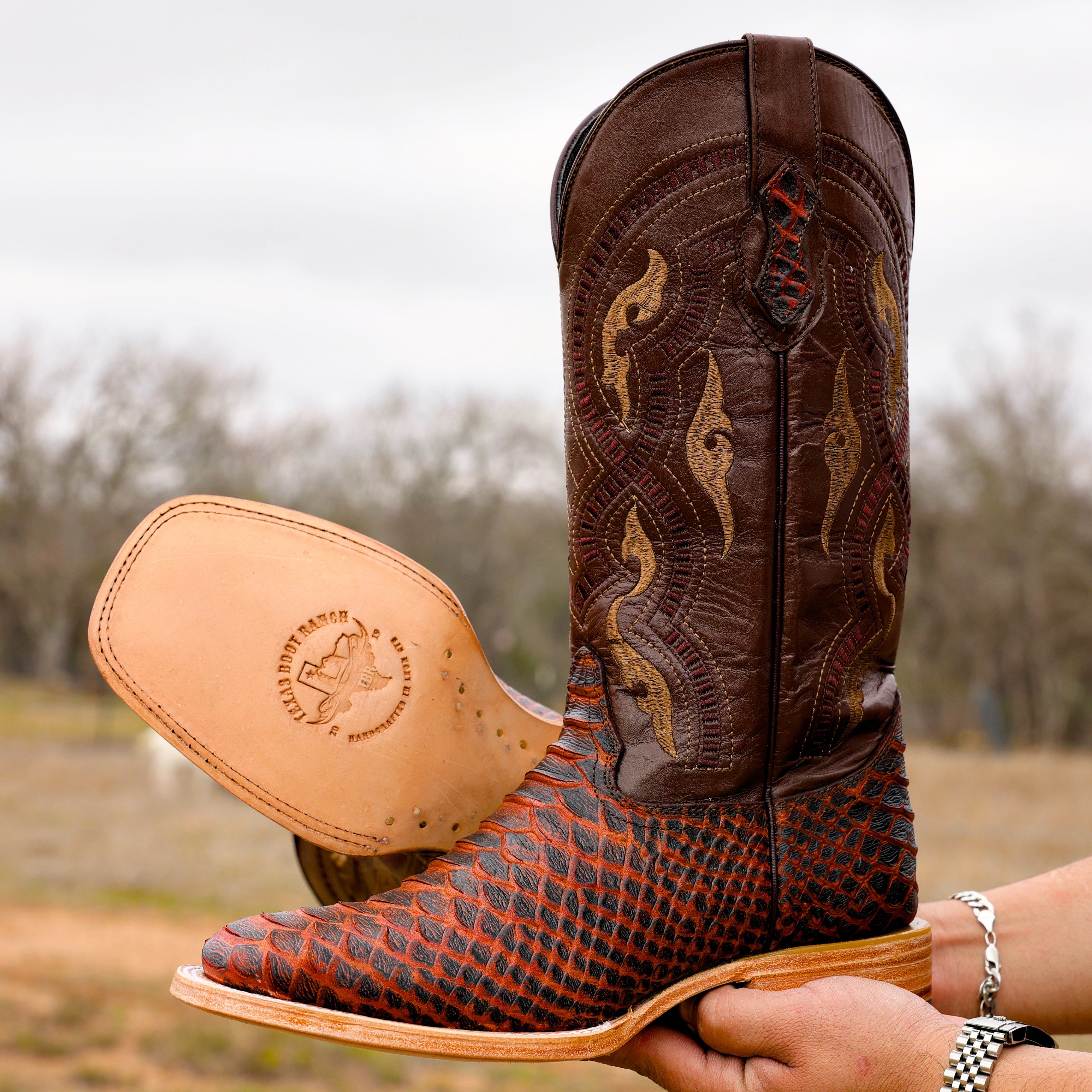 Rustic Cognac Anaconda Leather Boots - Square Toe
