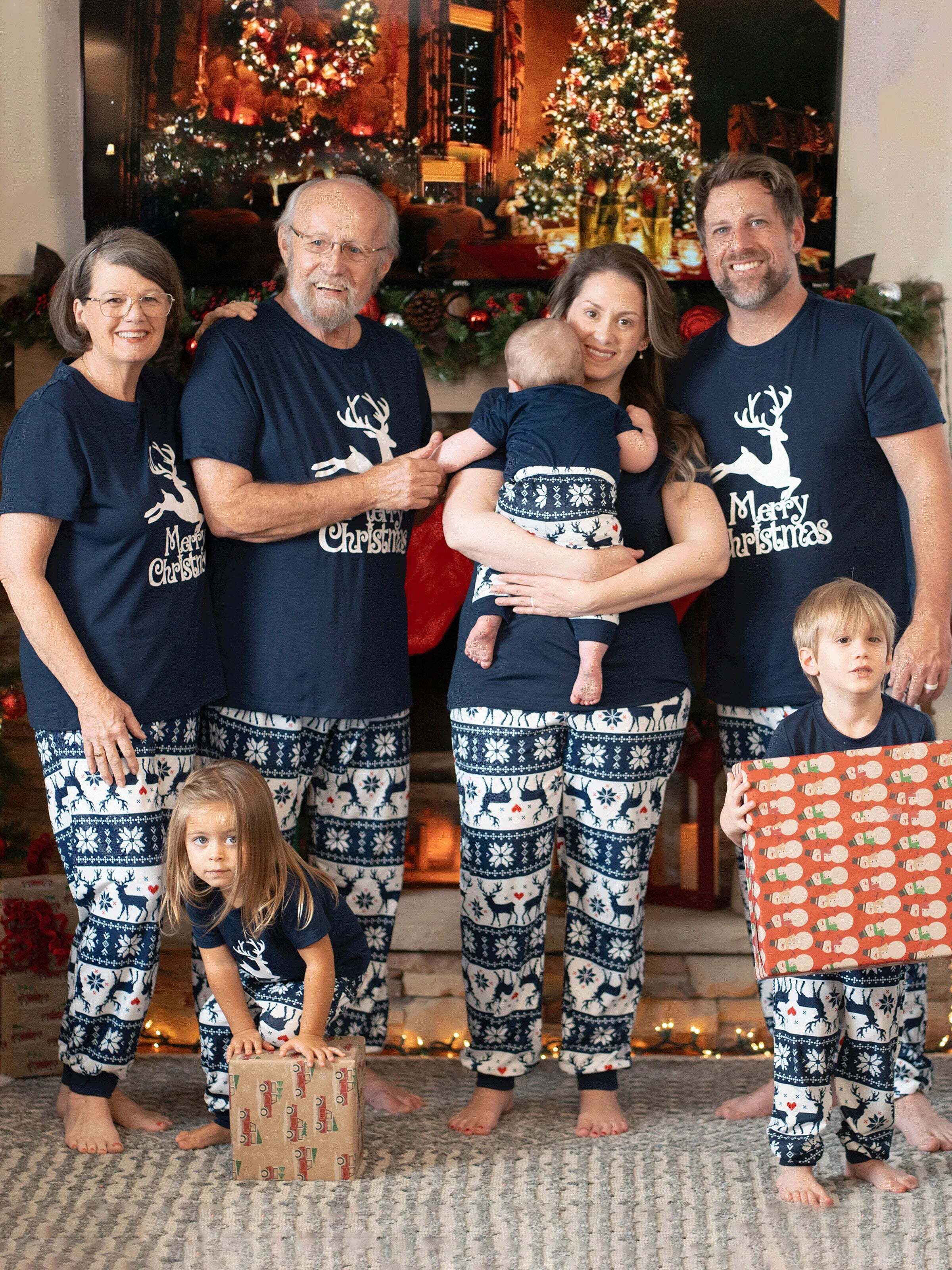 Christmas Reindeer Print Glow in the Dark Family Matching Pajamas Sets with Christmas Socks Deep Blue