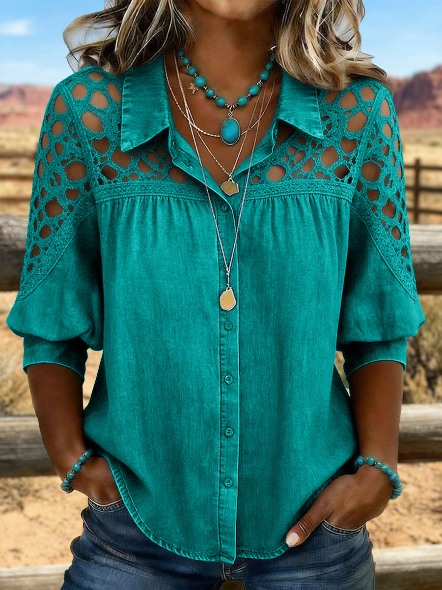 Vintage Art Hollowed Out Lace Patchwork Denim Shirt