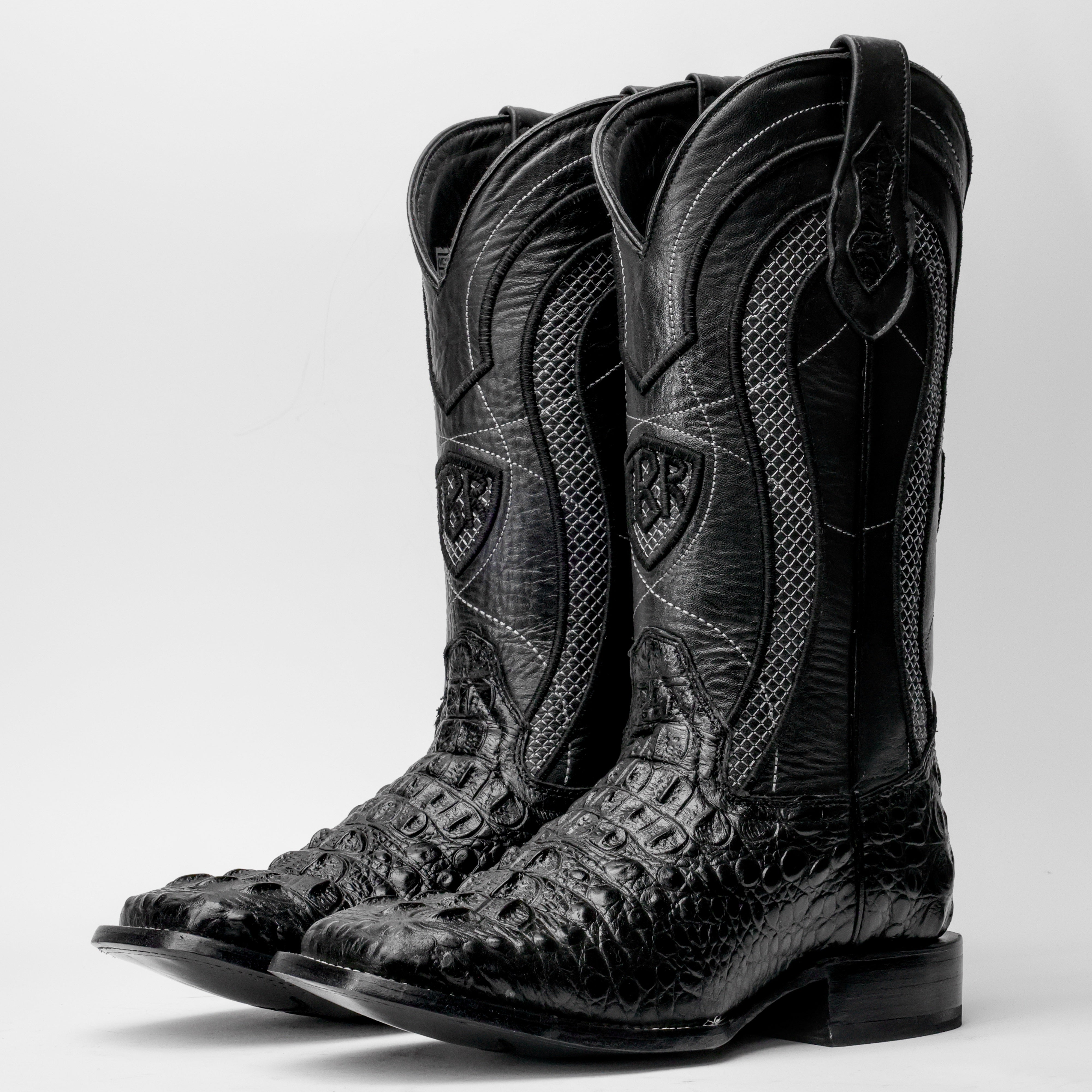 Black Caiman Neck Leather Boots - Square Toe