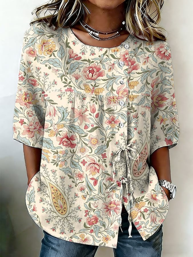 Women's Retro Floral Button Lace Up Tie Shirt- Fast Shipping