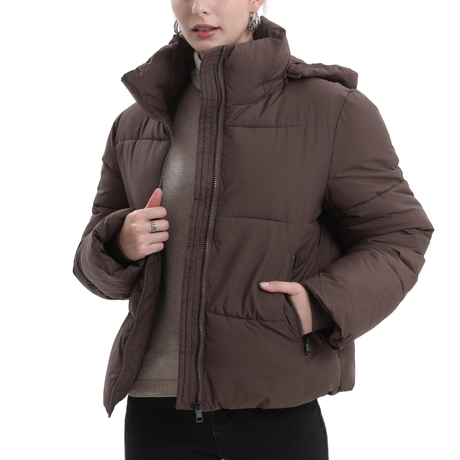 WarmCore Premium Short Puffer Jackets with Removable Hood & Optional Faux Fur Linging, Lady Casual Outerwear Longsleeves Zip Pockets Warm Quilted Coat
