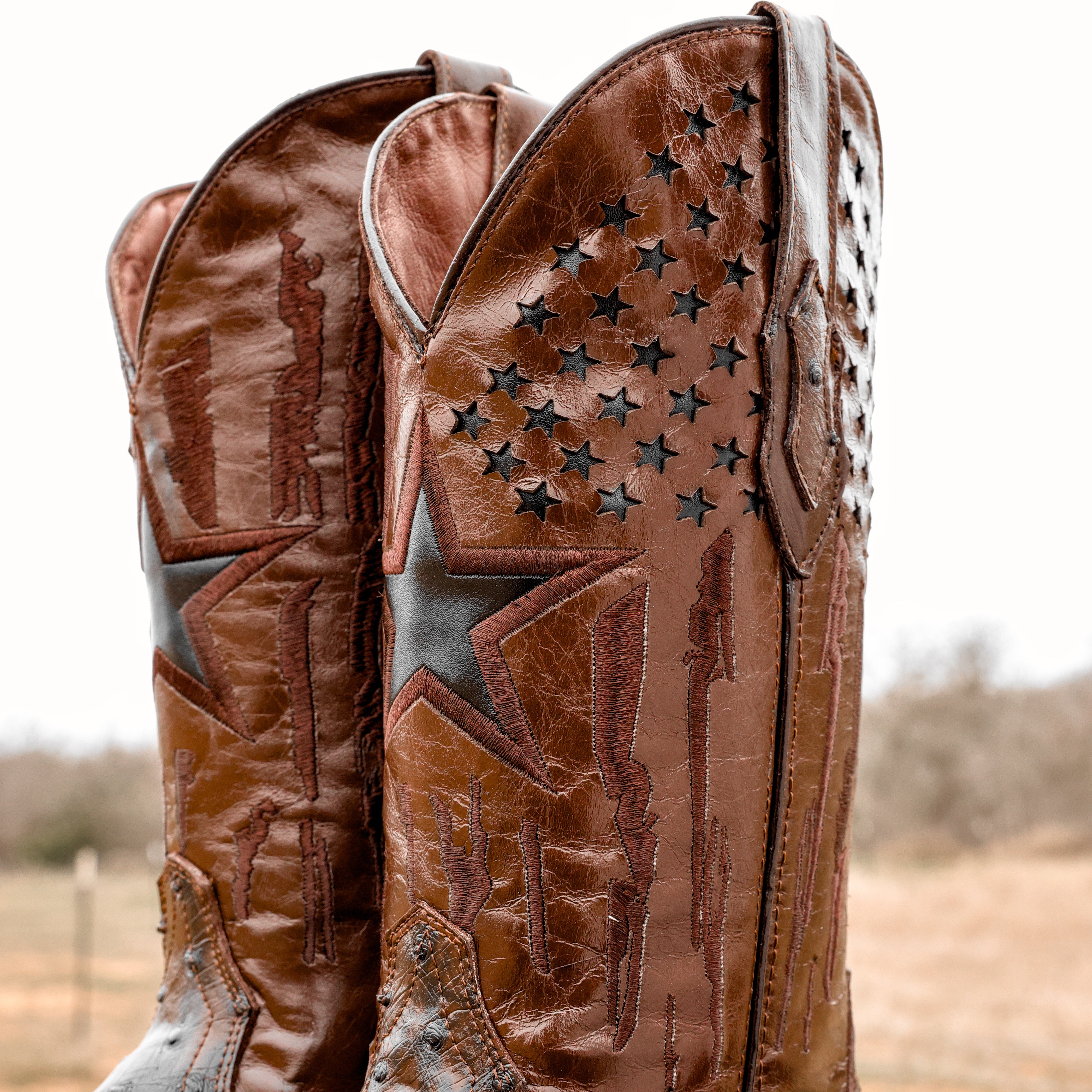 Chocolate Brown Ostrich Leather Boots - Square Toe