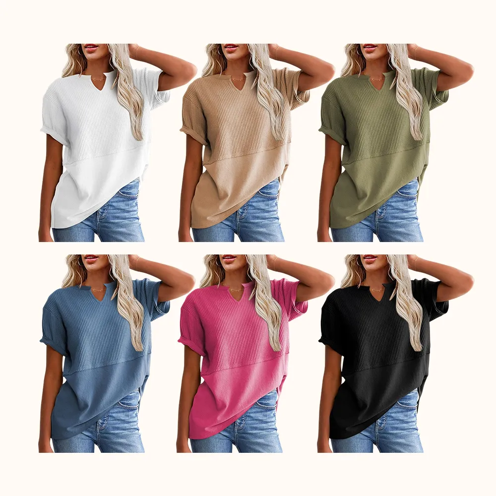 2026 Spring/Summer Cozy Oversized Waffle Knit V-Neck Top Women's Short Sleeve Pullover