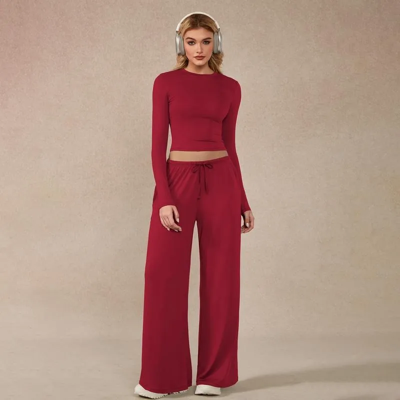 Women's 2-Piece Activewear Set Long-Sleeve Crop Top & Wide-Leg Pants Stretchy Fabric