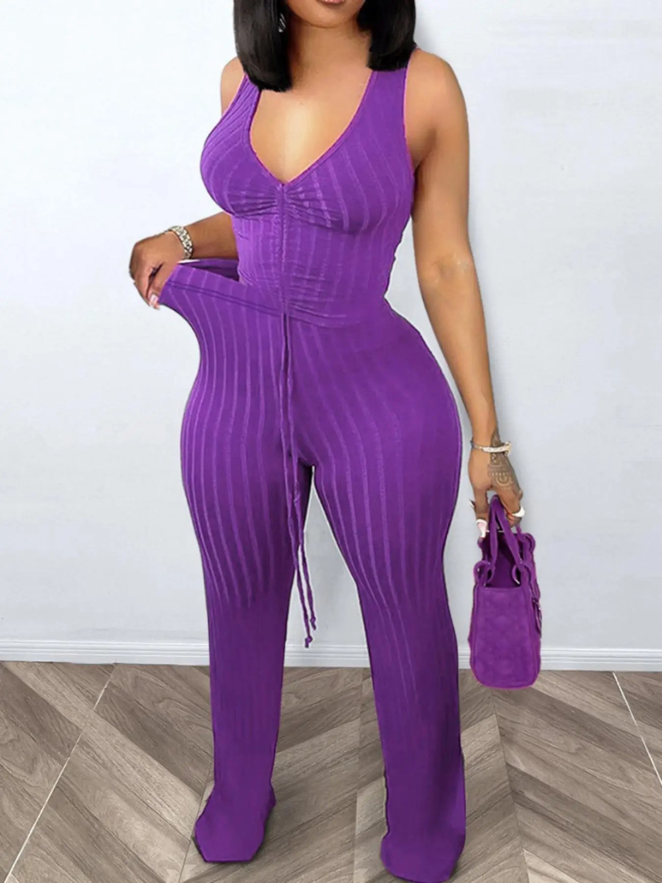 Women's Solid Ribbed Ruched Drawstring Crop Tank Top & High-Waisted Pants Set