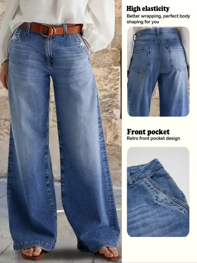 Women's Denim Wide Leg Pants with Pocket Patches, Casual Loose Fit Jeans for Daily Wear