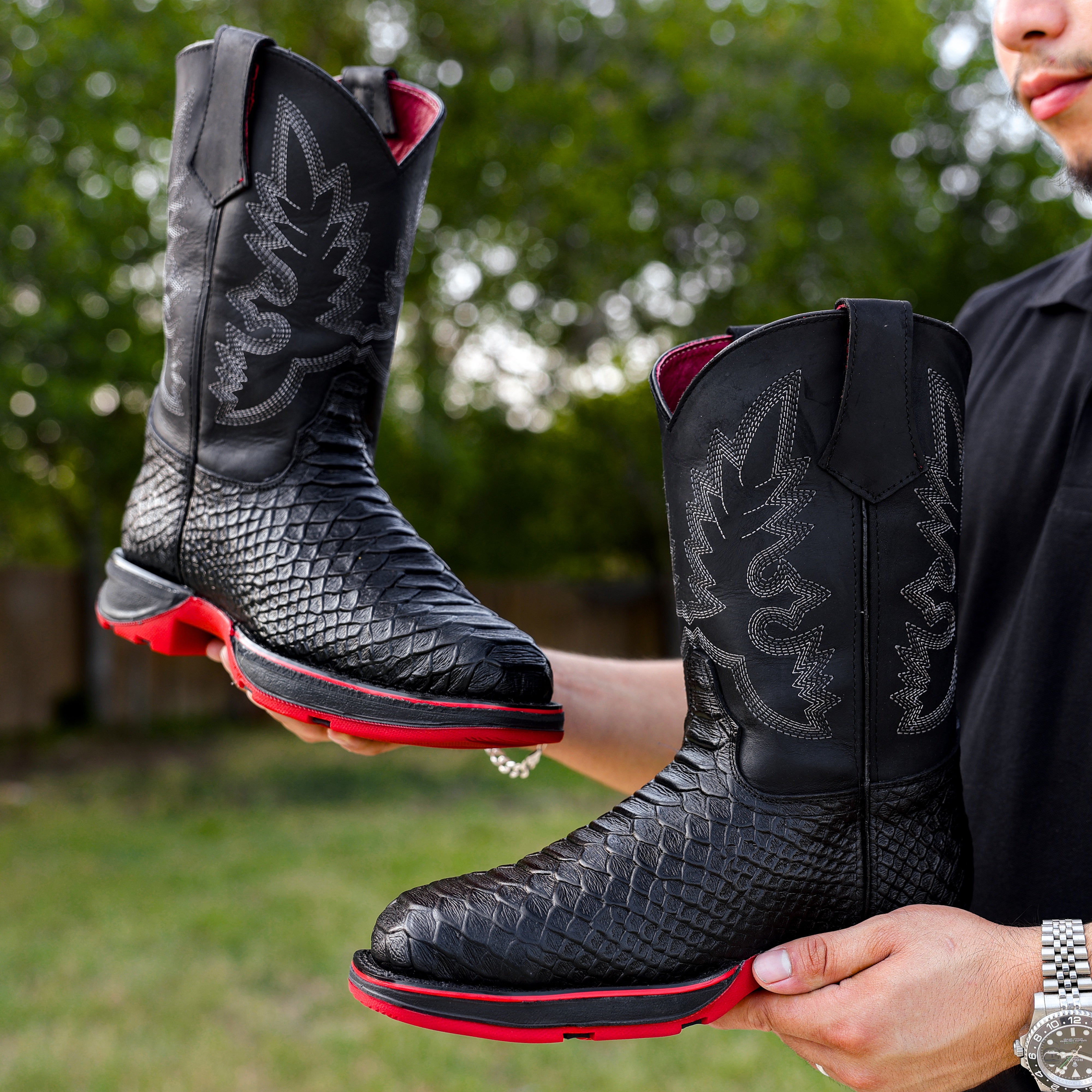 Black Anaconda Leather Boots With 3D Lightweight Sole - Composite Toe