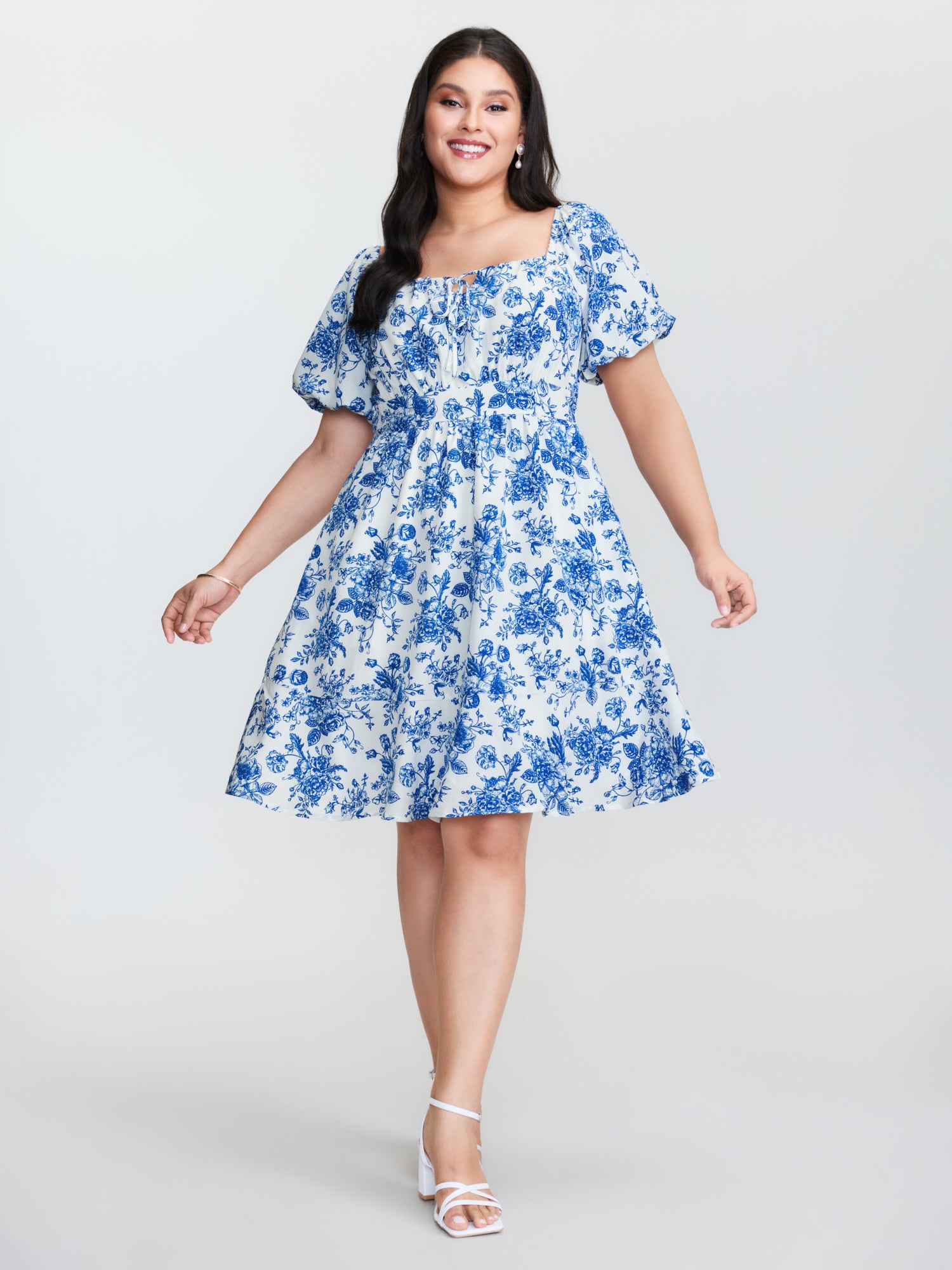 Floral Print Shirred Bodice Drawstring Mini Dress