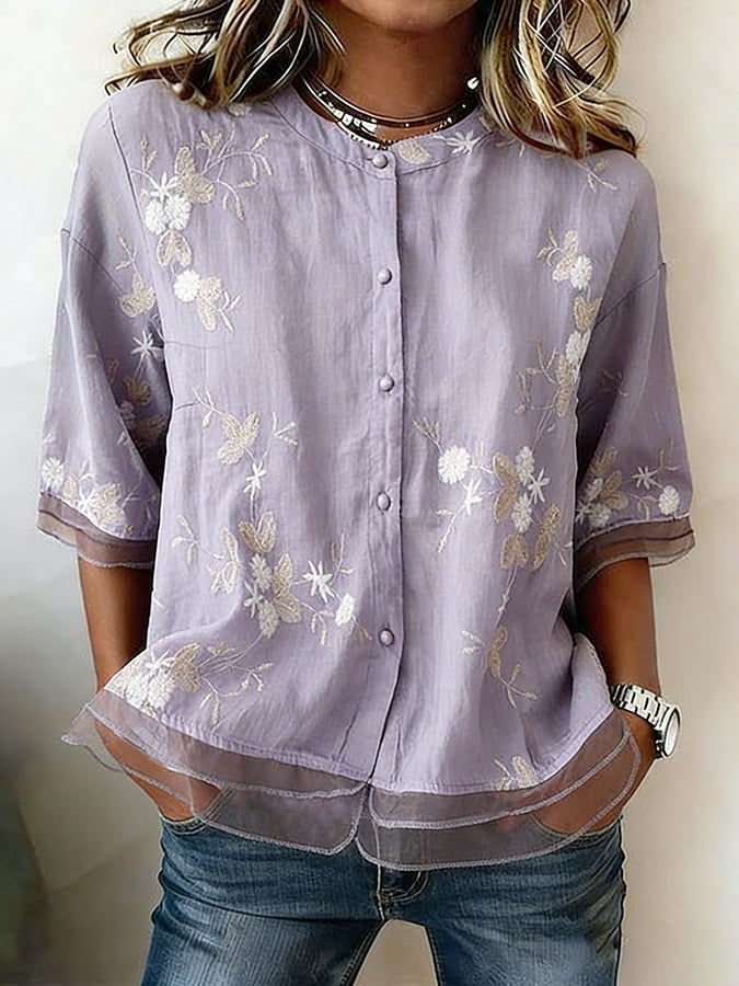 Women's Floral Print Round Neck Button-Down Shirt- Fast Shipping