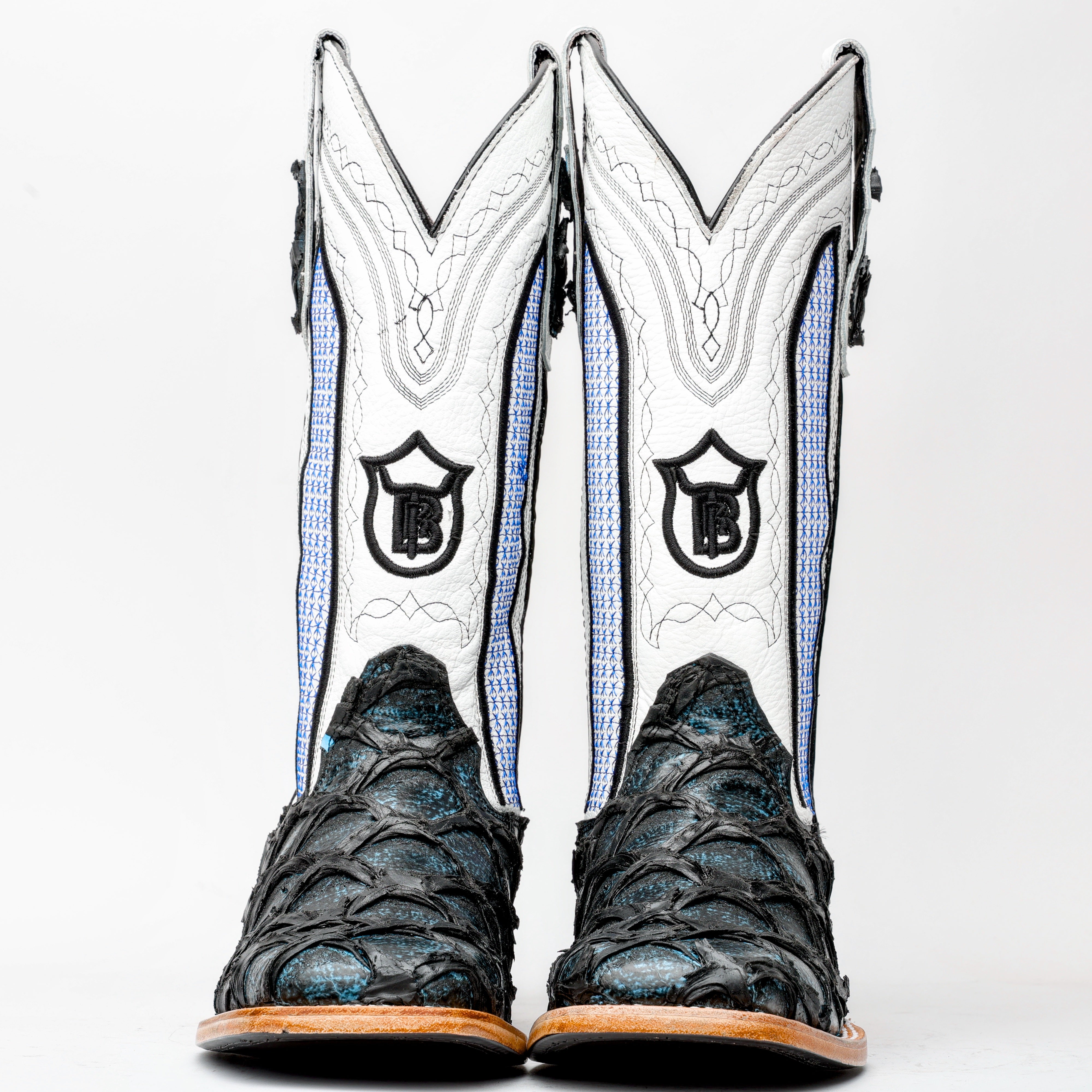 Midnight Blue Jumbo Pirarucu Leather Boots - Square Toe