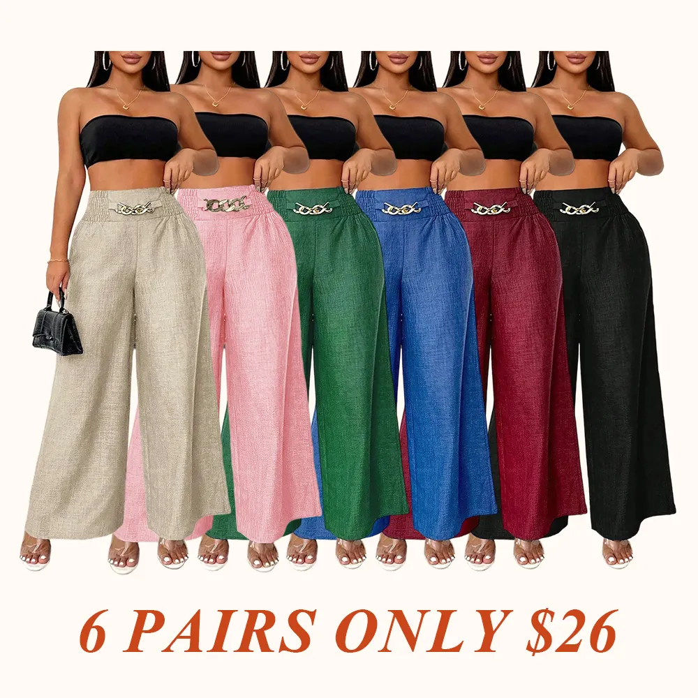 Women's Solid Color High-Waisted Pants, Stretchable Loose-Fitting Wide-Leg Trousers