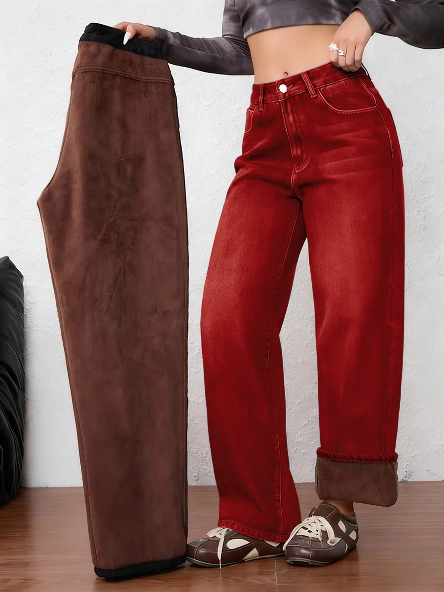 Women's Vintage Fleece-Lined Thickened Fall Winter Wide Leg Jeans