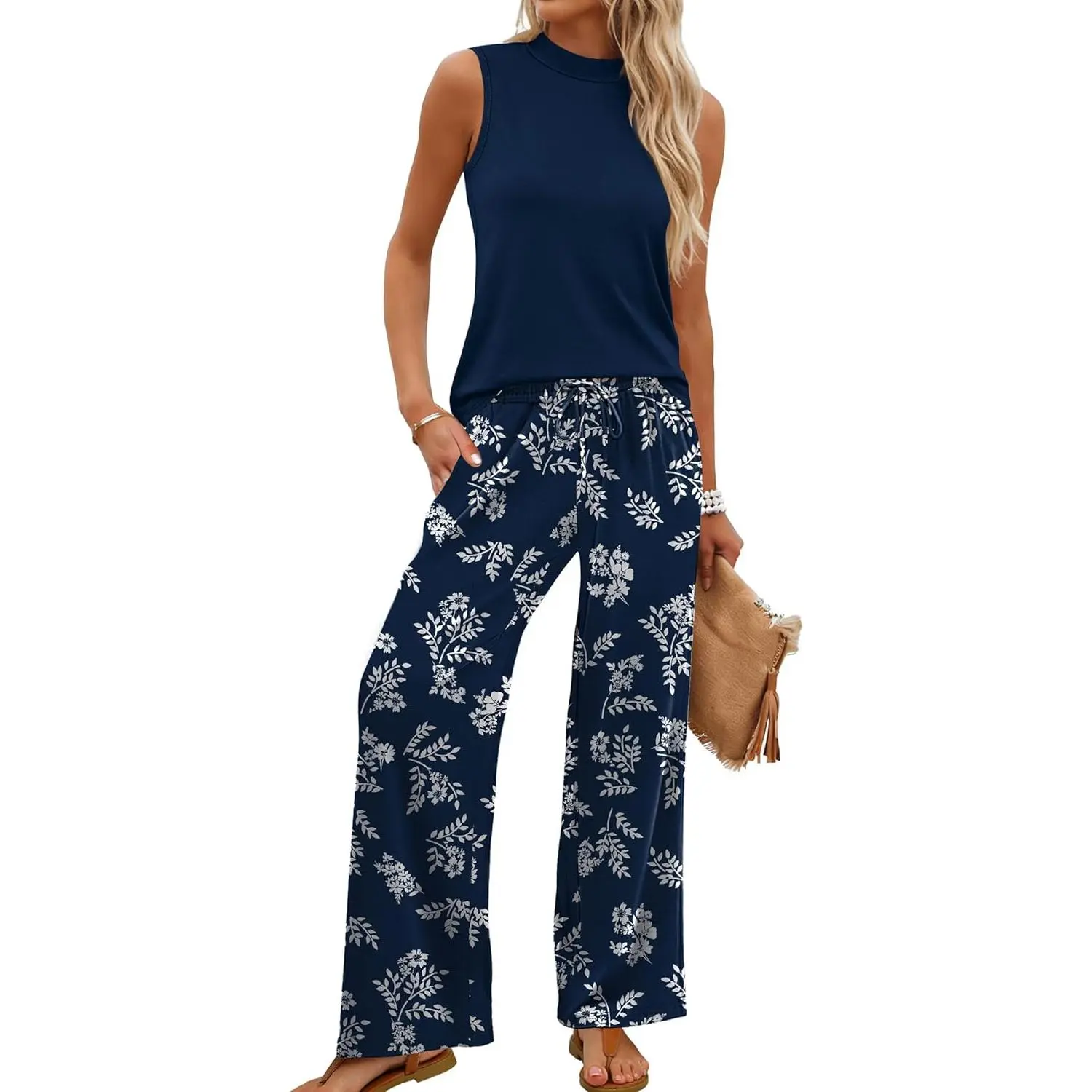 Two Piece Set for Women Summer Spring Outfits Cruise Travel Airport Beach Vacation Mock Neck Wide Leg Pants Set