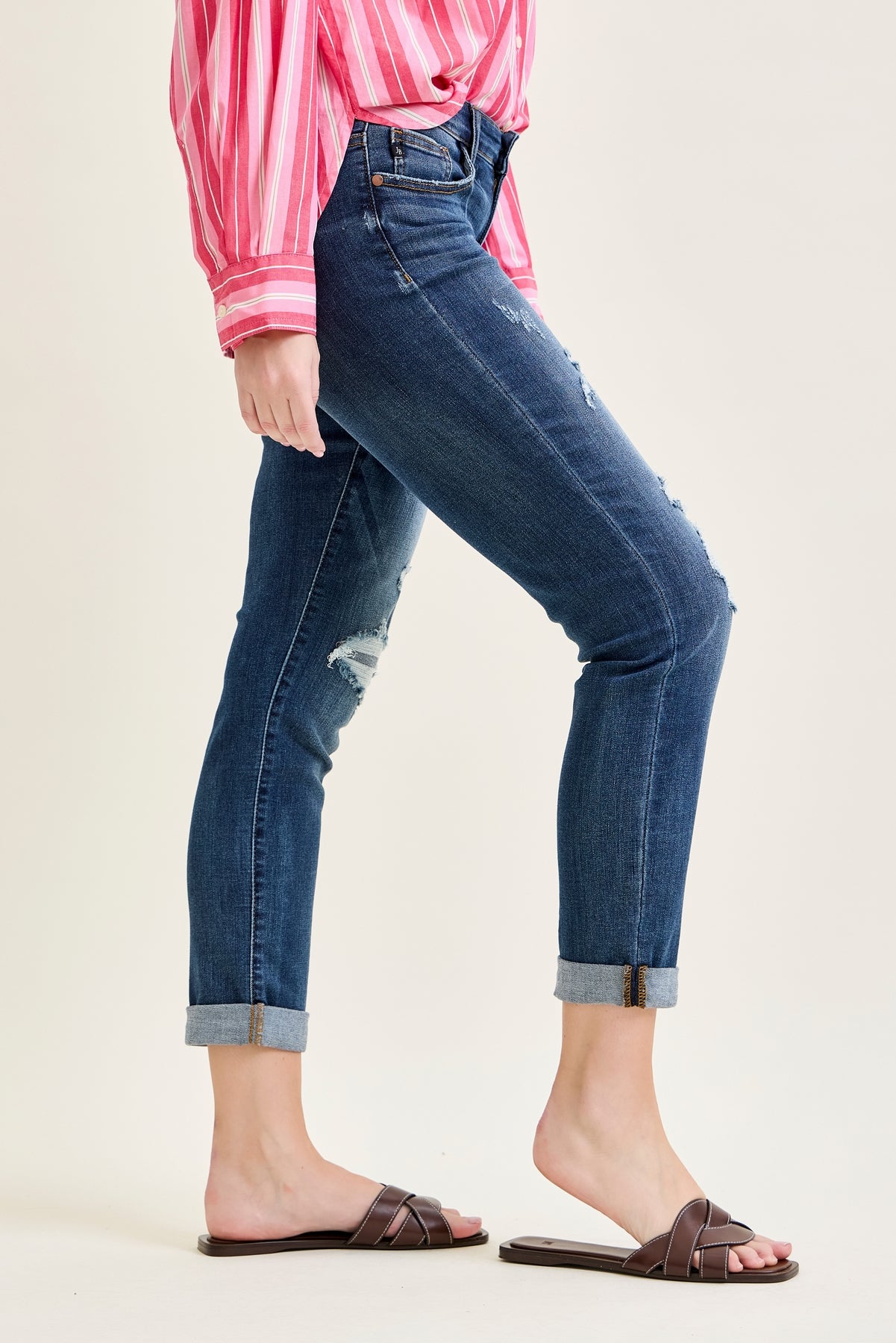 Aubree Mid Rise Distressed Boyfriend with Cuffed Hem