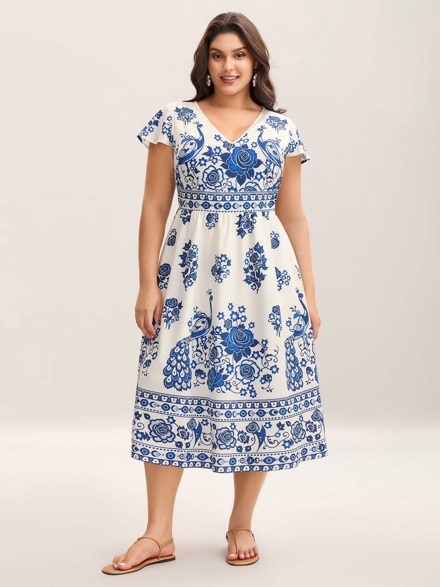 Boho Print V-Neck Pockets Midi Dress