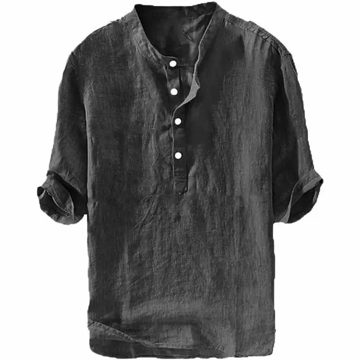 Mens Linen Shirts Casual Cotton 3/4 Sleeve Regular-Fit Henley T-Shirt Summer Lightweight Beach Yoga Tops