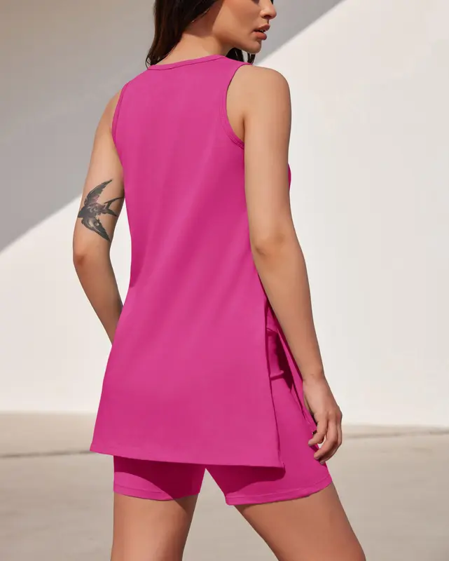 Yousify Women's Summer 2 Piece Outfits Sleeveless High Low Spilt Hem Tank Top Biker Shorts Sets Lounge Set Tracksuit